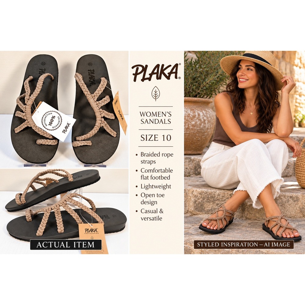 Plaka Braided Rope Sandals Womens Flat Walking Shoes Taupe Size 10 NEW Boho